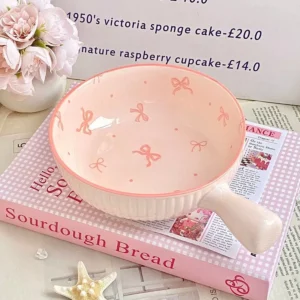 จานชามเซรามิค Rosy Bow Sweet ชามมีหูจับ-สีชมพู