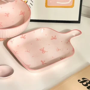 จานชามเซรามิค Rosy Bow Sweet จานมีหูจับ-สีชมพู