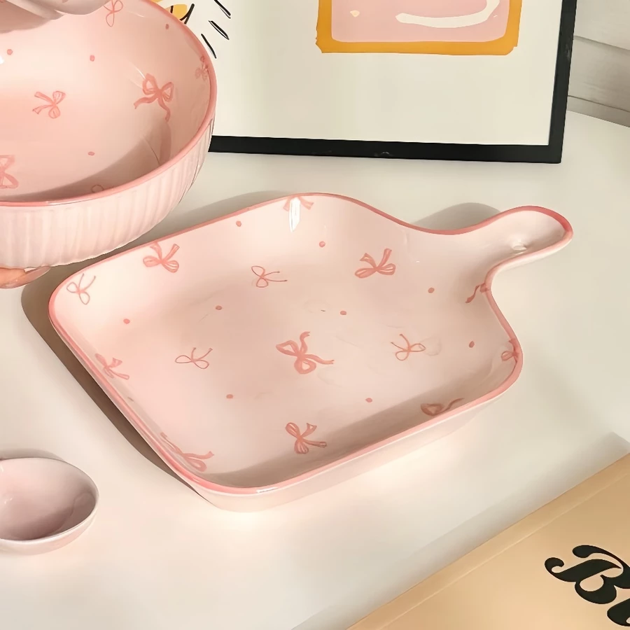 จานชามเซรามิค Rosy Bow Sweet จานมีหูจับ-สีชมพู