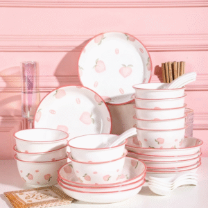 ชุดเซ็ต จานชามเซรามิค ลายลูกพีช เซ็ต 50 ชิ้น