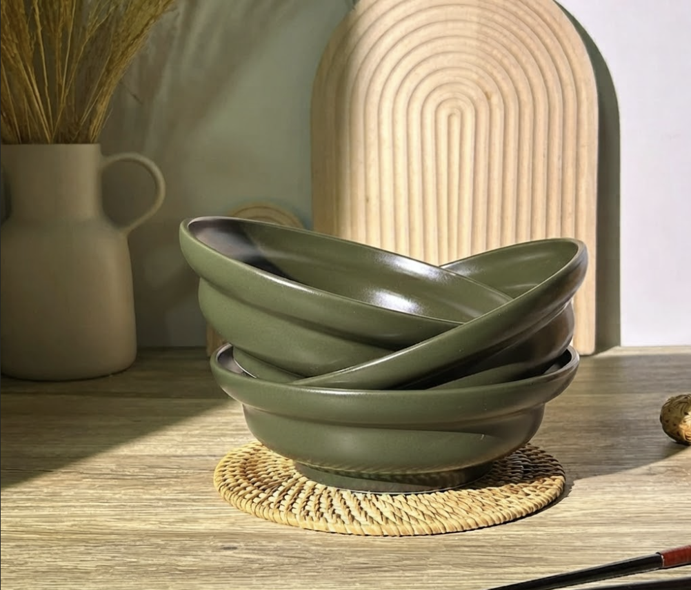 ชามเซรามิคขนาด 8 นื้ว สีเขียว สไตล์ rustic จำนวน 3 ชิ้น